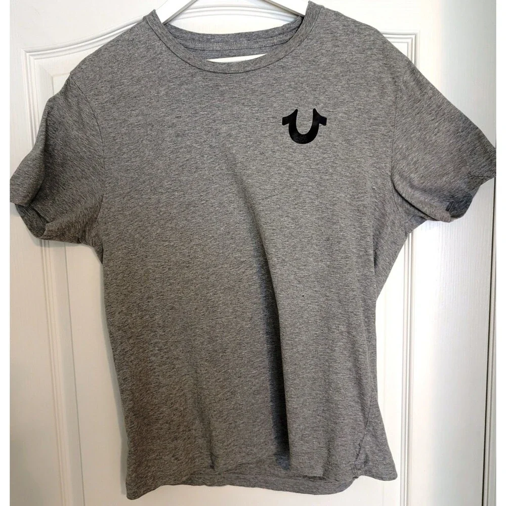 True Religion Men T-Shirt Large L Gray Double Sided Horseshoe Back Graphic Logo